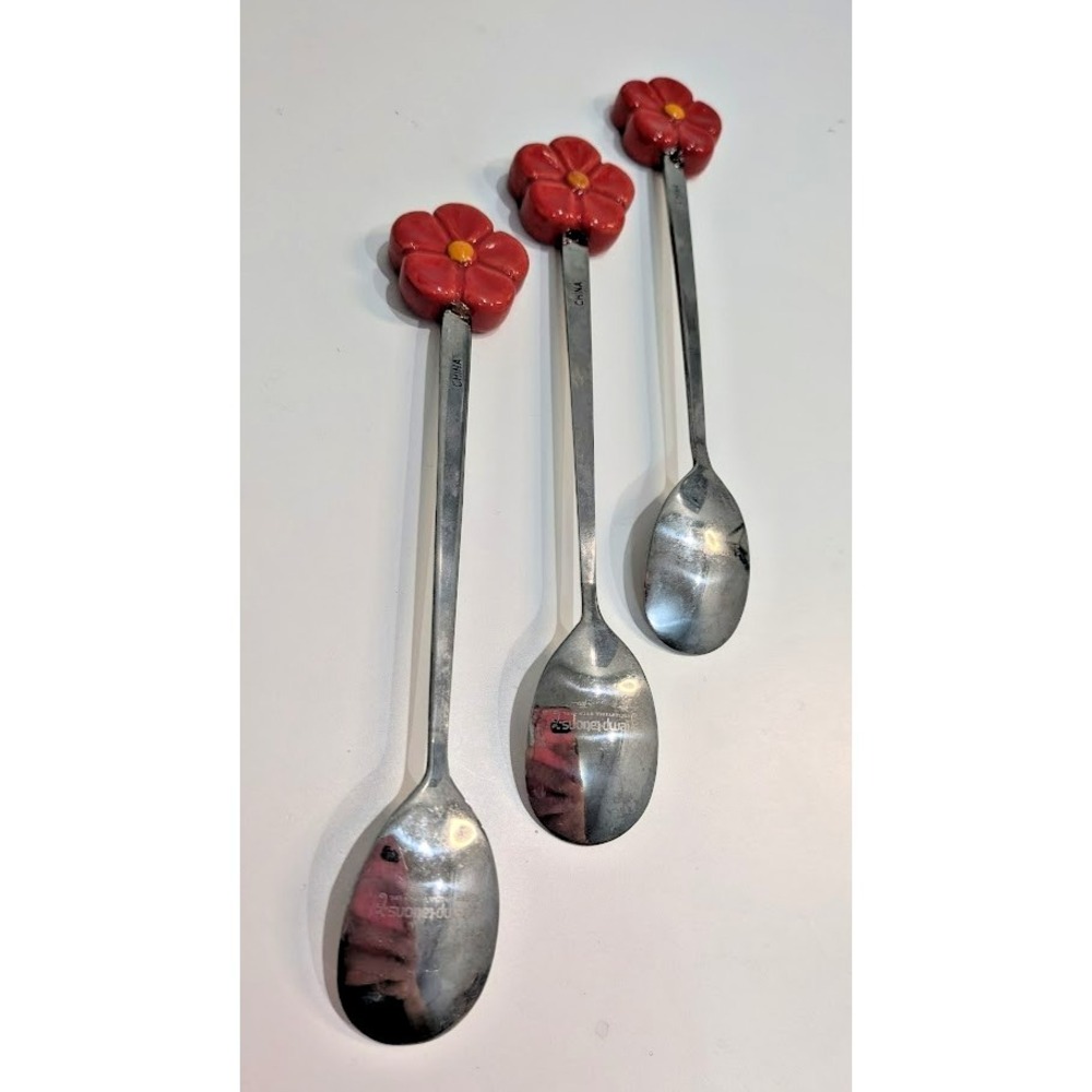 TEMP-TATIONS Old World Red Flower Top Tea Spoons 6 1/2 Inches Lot of 3 - Picture 2 of 4